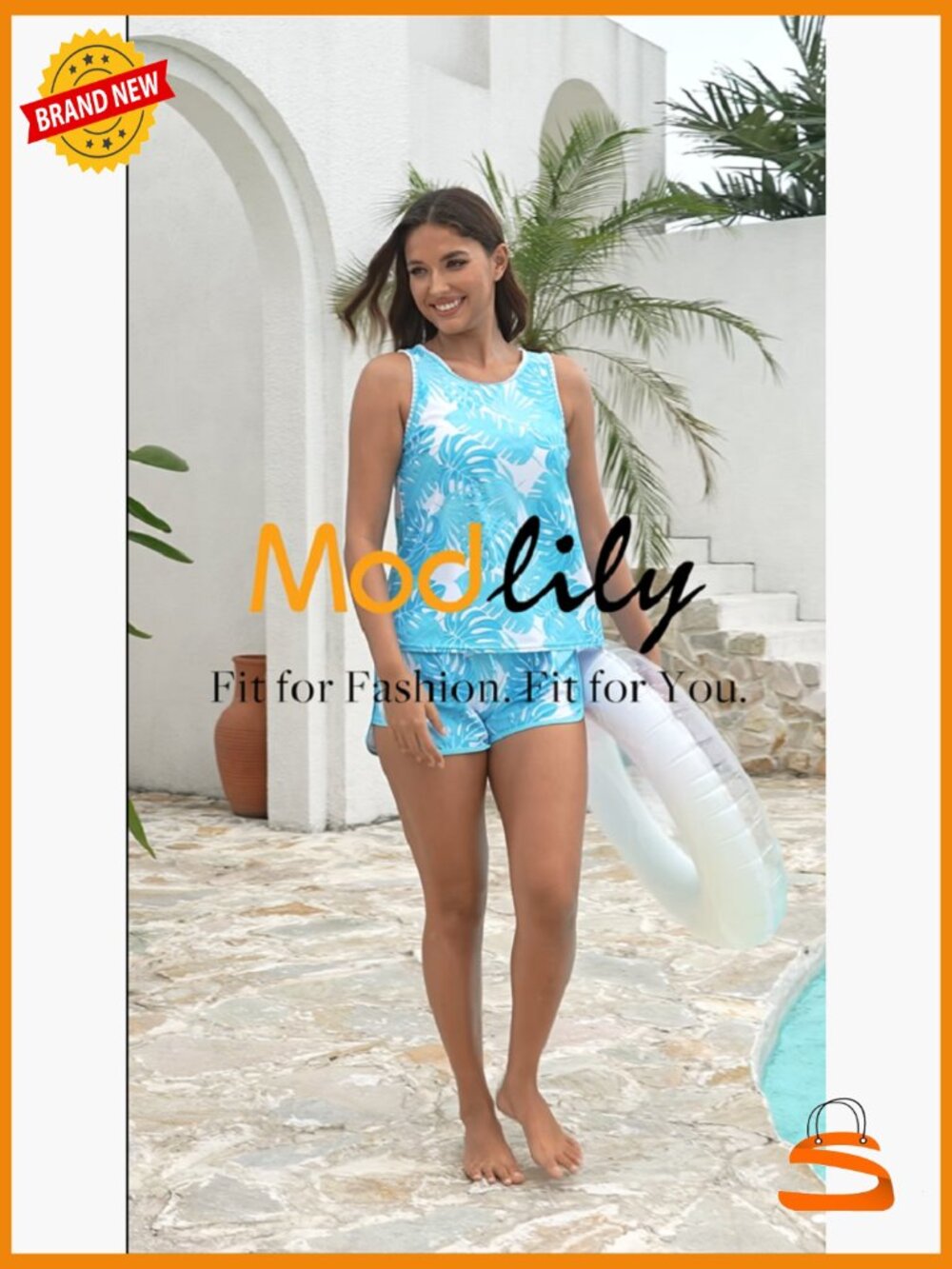 Modest Tankini Set with Board Shorts, Sleeveless Scoop Neck Tank Top, - Picture 7 of 7
